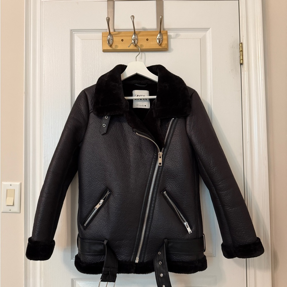 Zara Black Moto Jacket with Shearling Lining